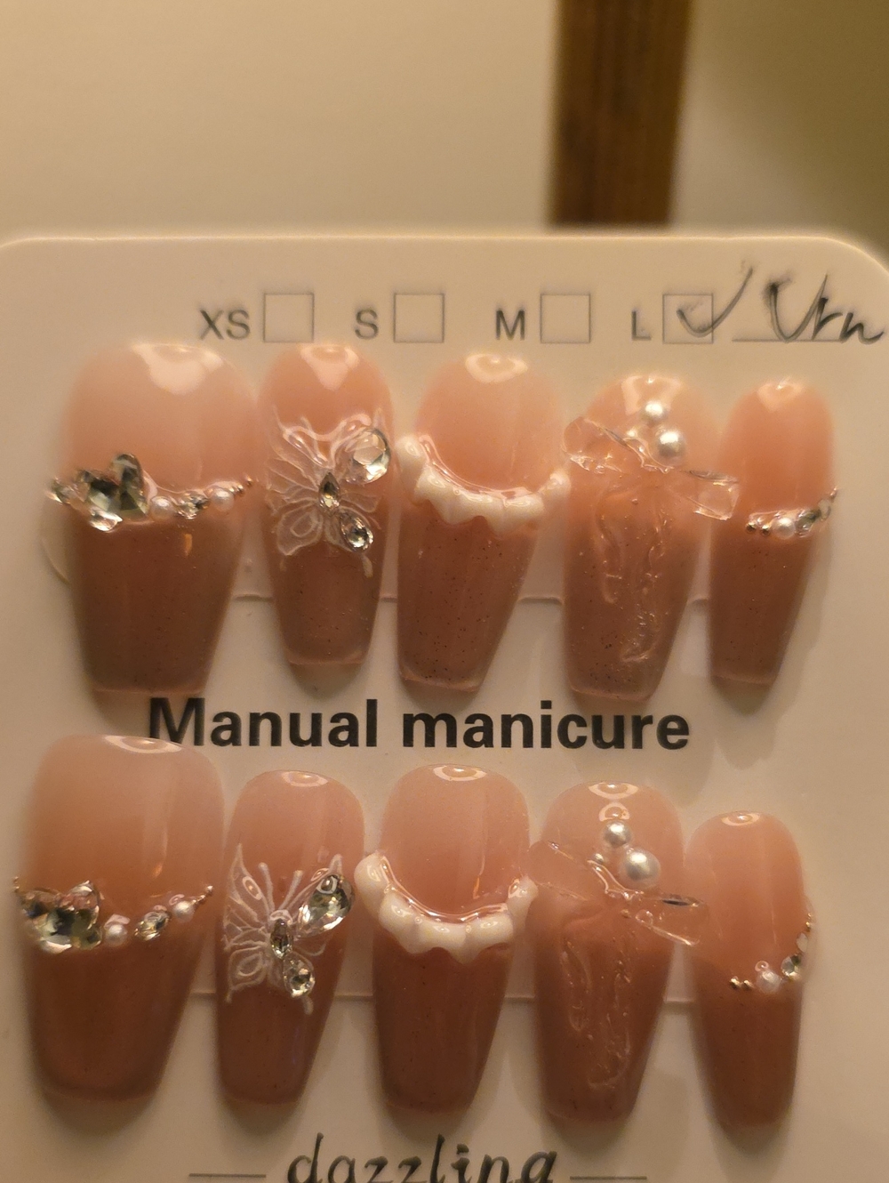Dazzling Nude Pink Rhinestone Press-On Nails - Size Large